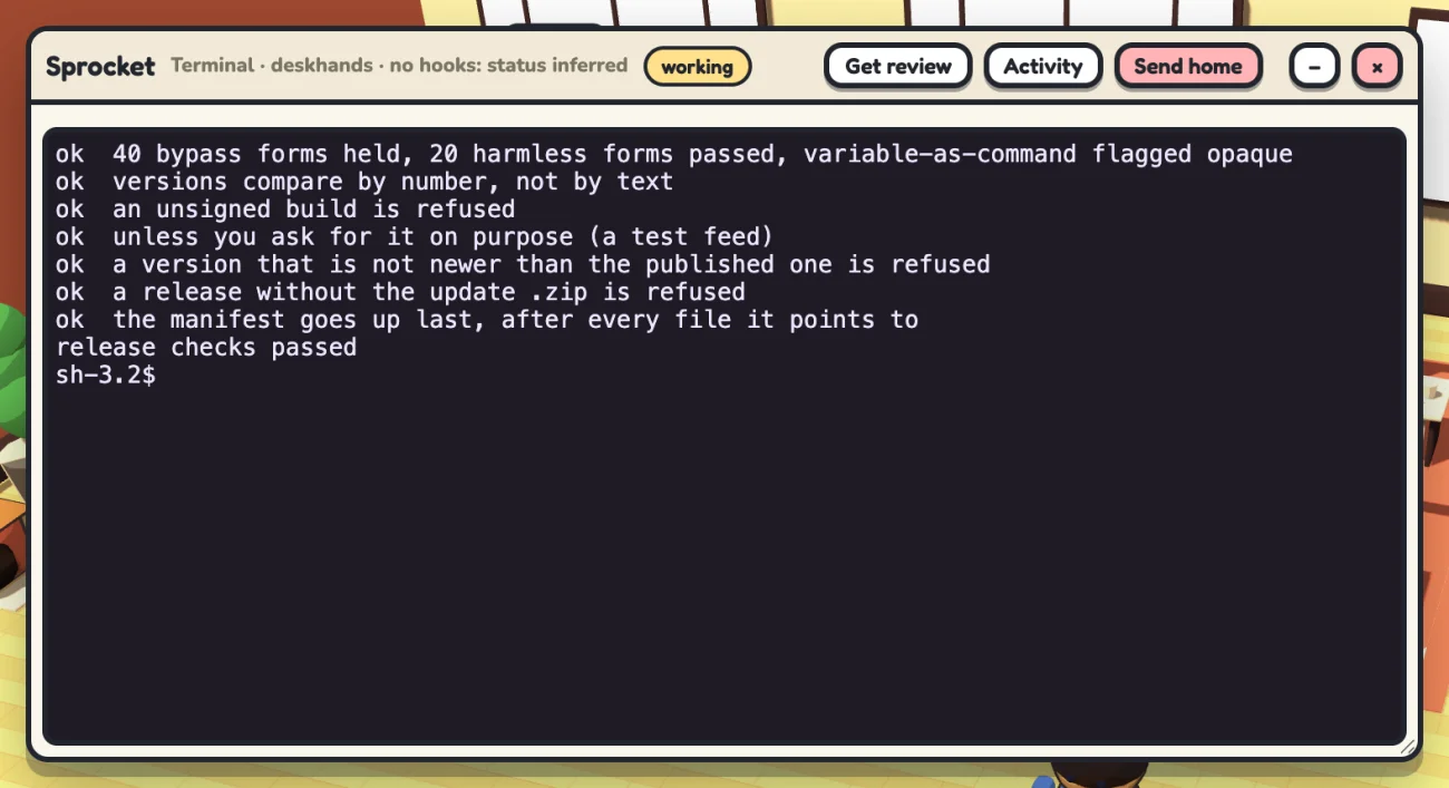 An agent's terminal window open inside Deskhands
